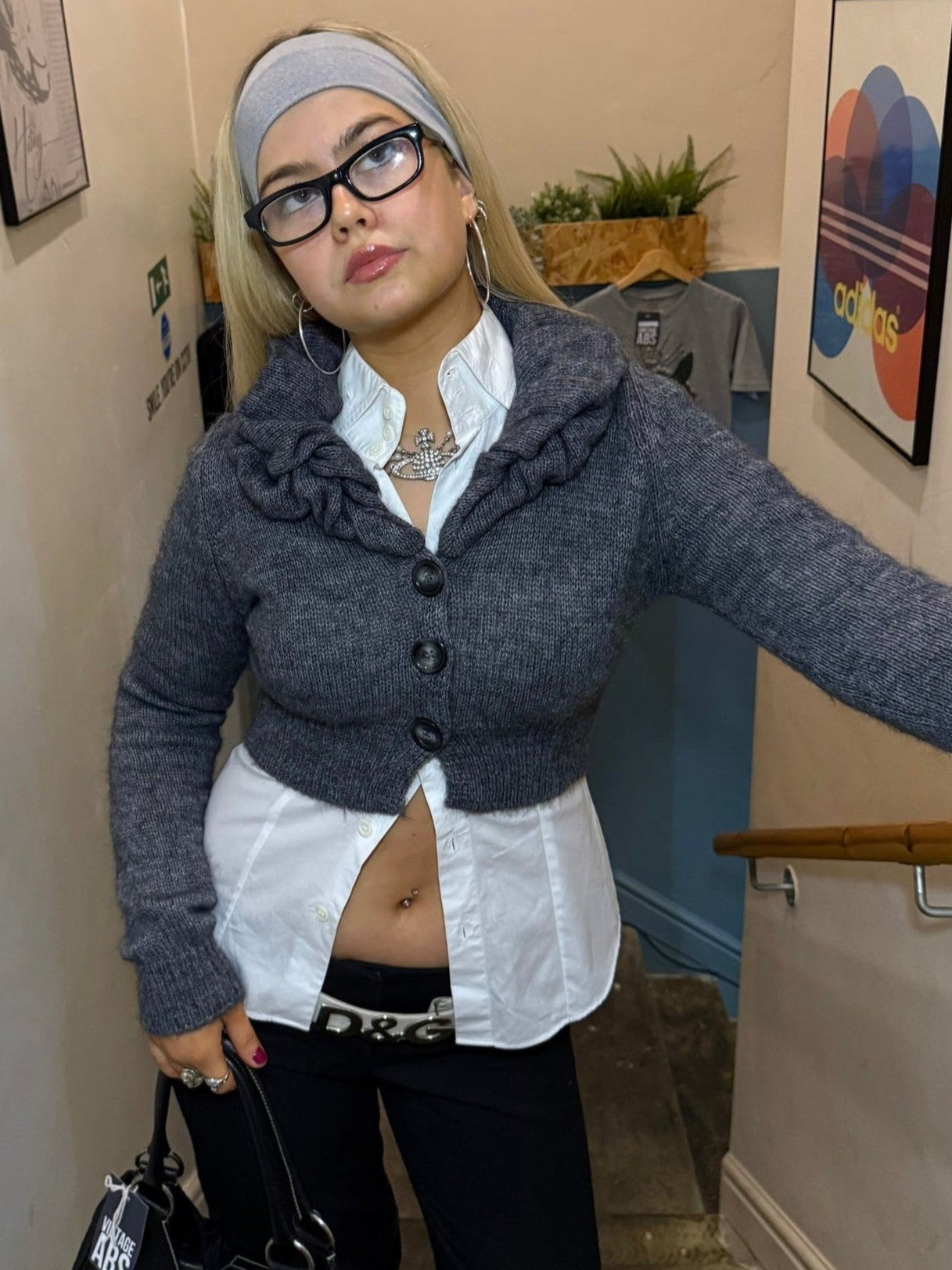 Grey Puff Collar Cropped Mohair Cardigan