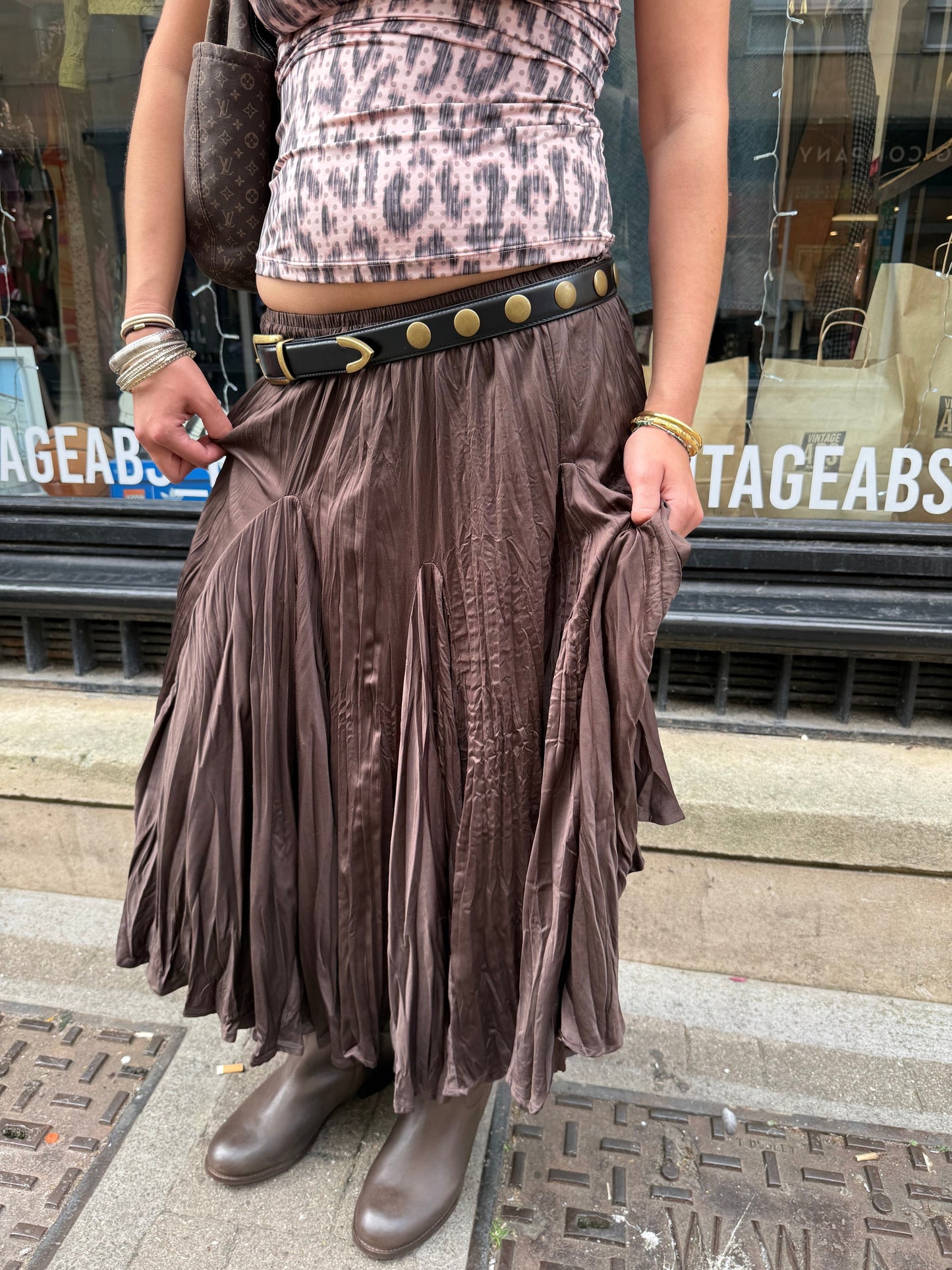 Brown Ruffle Midi Skirt