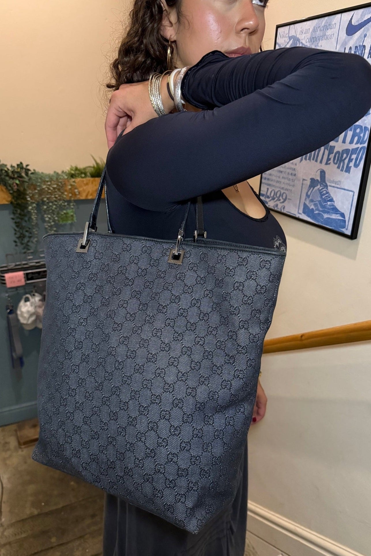 Gucci Leather & Canvas Grey & Black Shoulder Bag