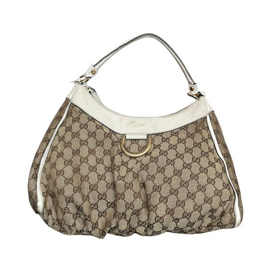 Gucci Abbey White Leather & Monogram Canvas Shoulder Bag