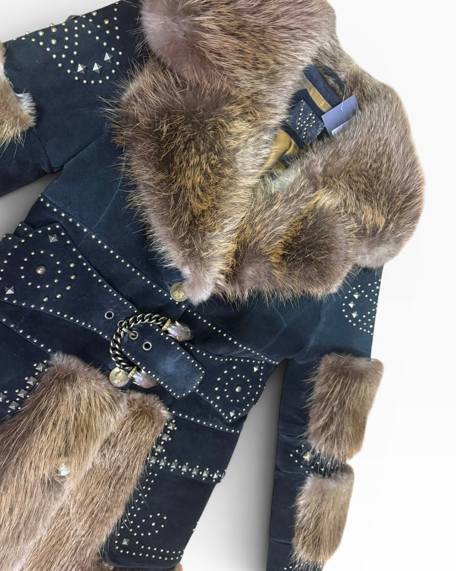 Fur & Genuine Suede Studded Belted Jacket