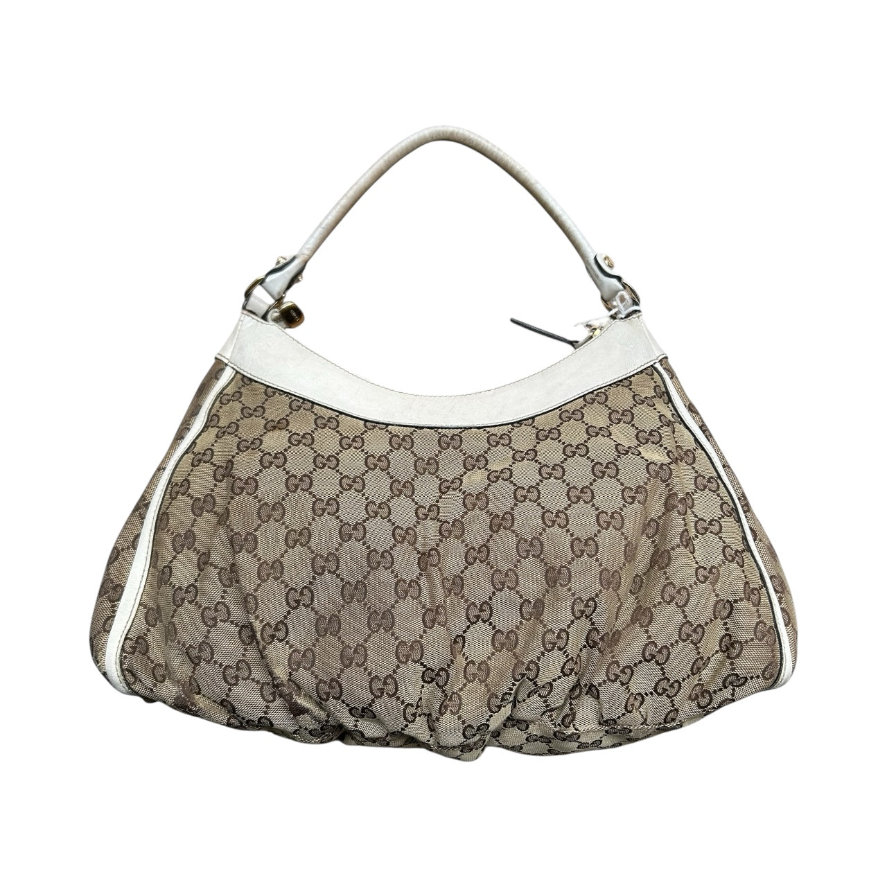 Gucci Abbey White Leather & Monogram Canvas Shoulder Bag
