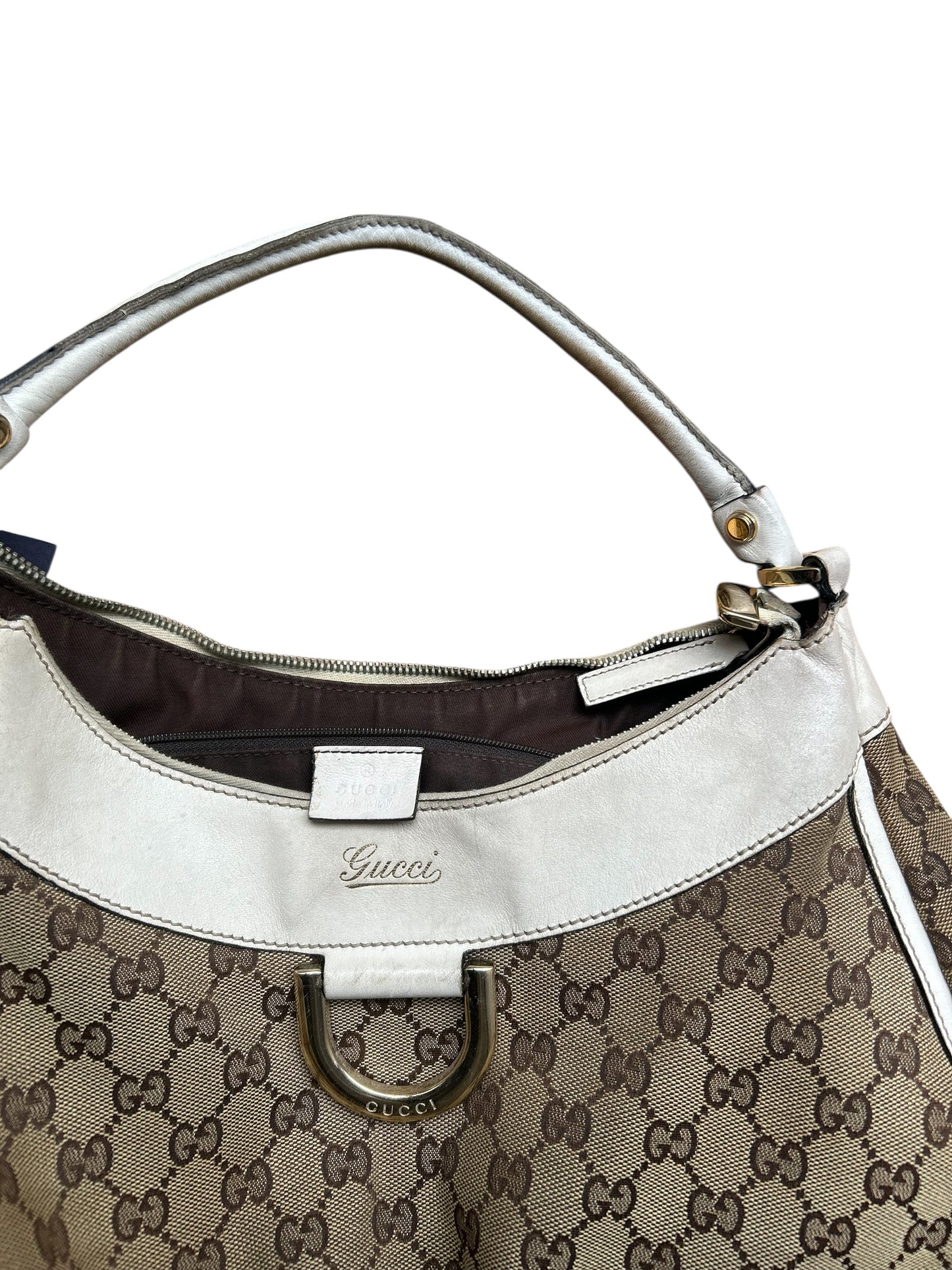 Gucci Abbey White Leather & Monogram Canvas Shoulder Bag
