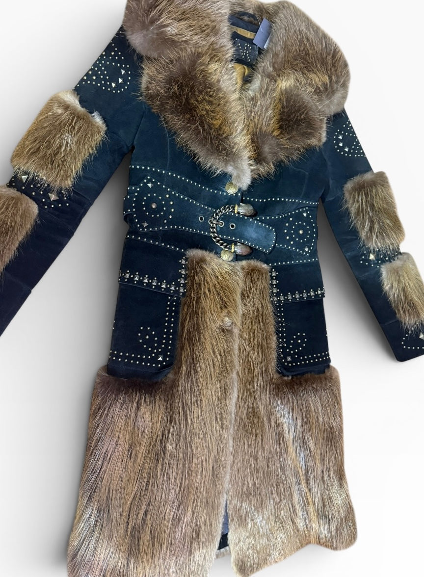 Fur & Genuine Suede Studded Belted Jacket