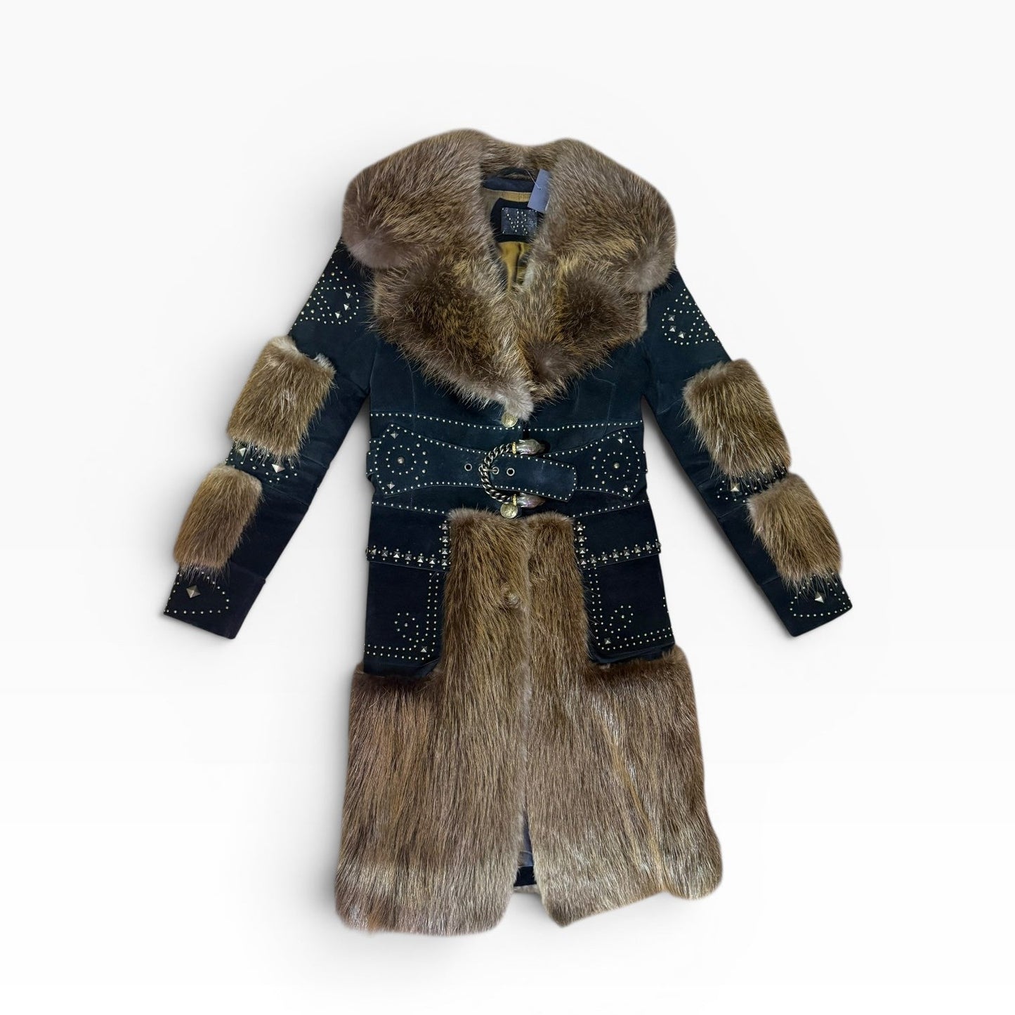 Fur & Genuine Suede Studded Belted Jacket