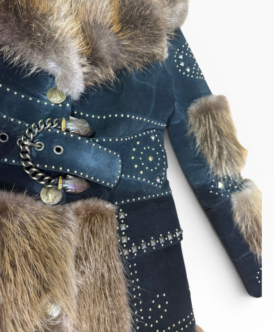 Fur & Genuine Suede Studded Belted Jacket