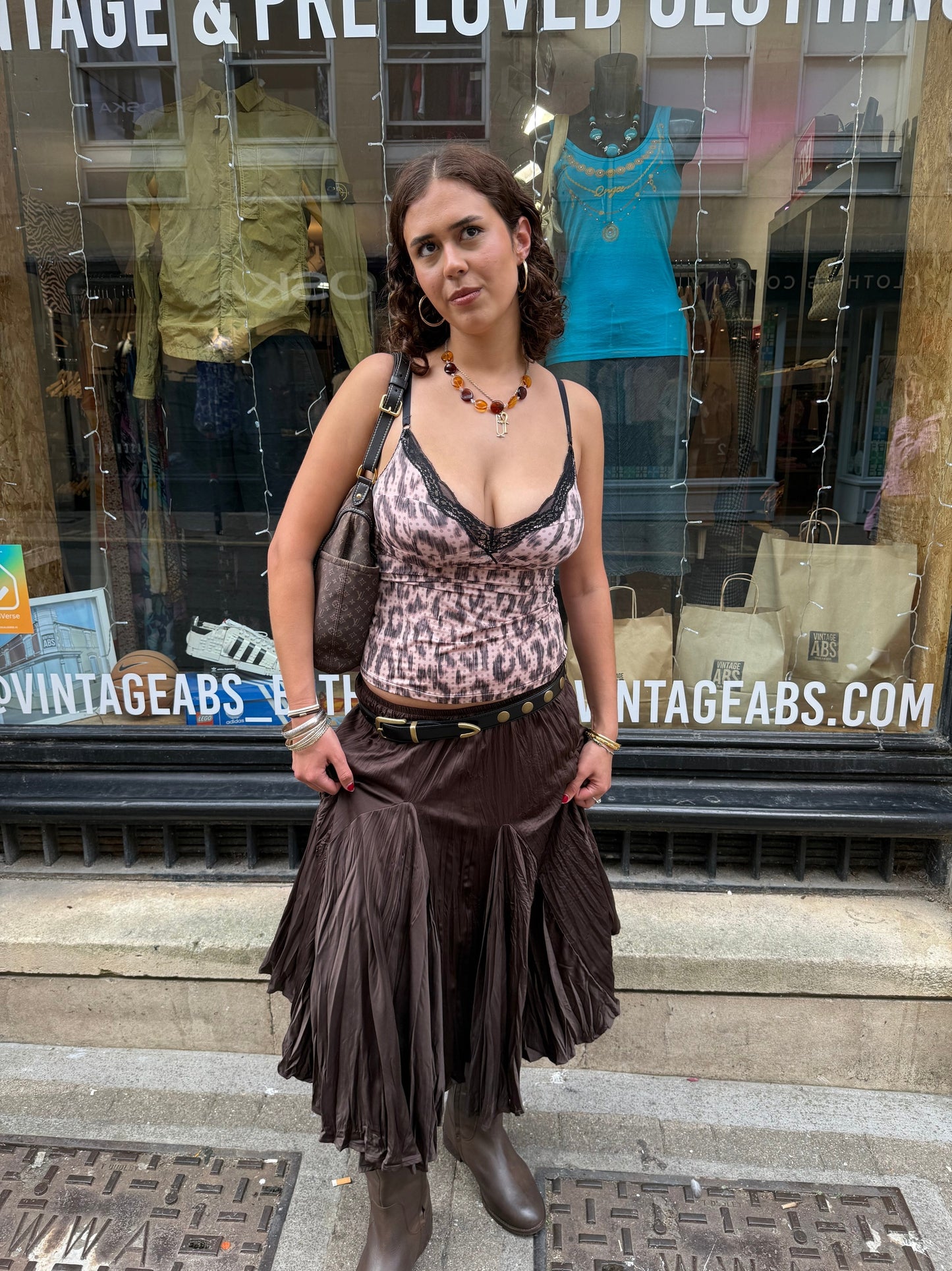Brown Ruffle Midi Skirt