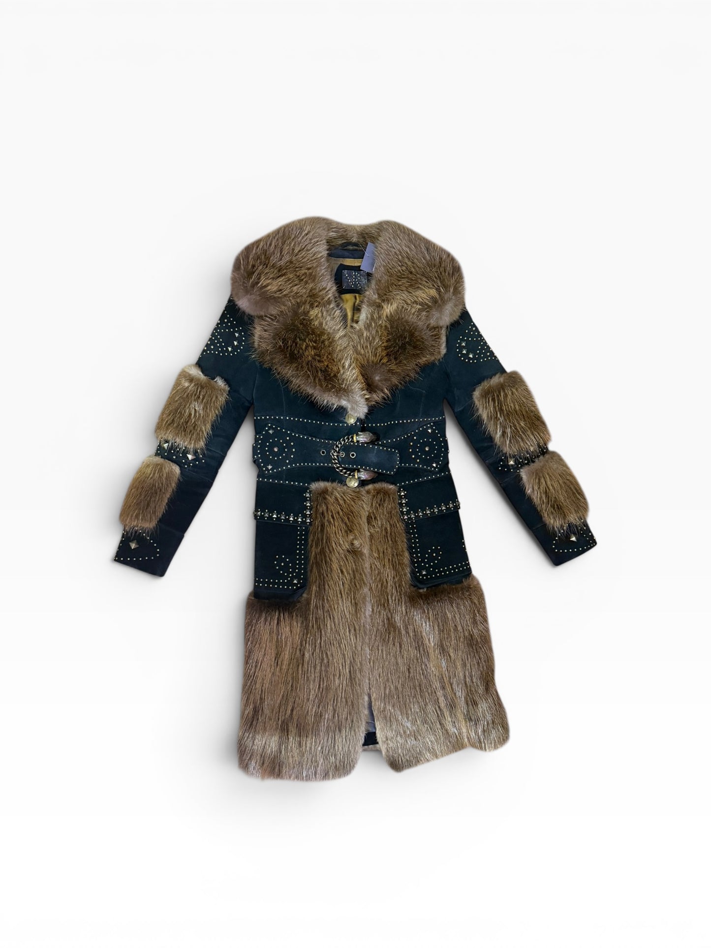 Fur & Genuine Suede Studded Belted Jacket