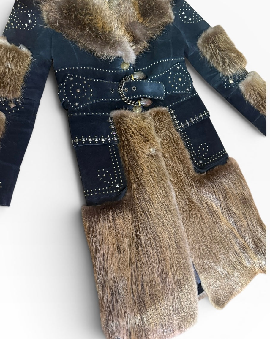 Fur & Genuine Suede Studded Belted Jacket