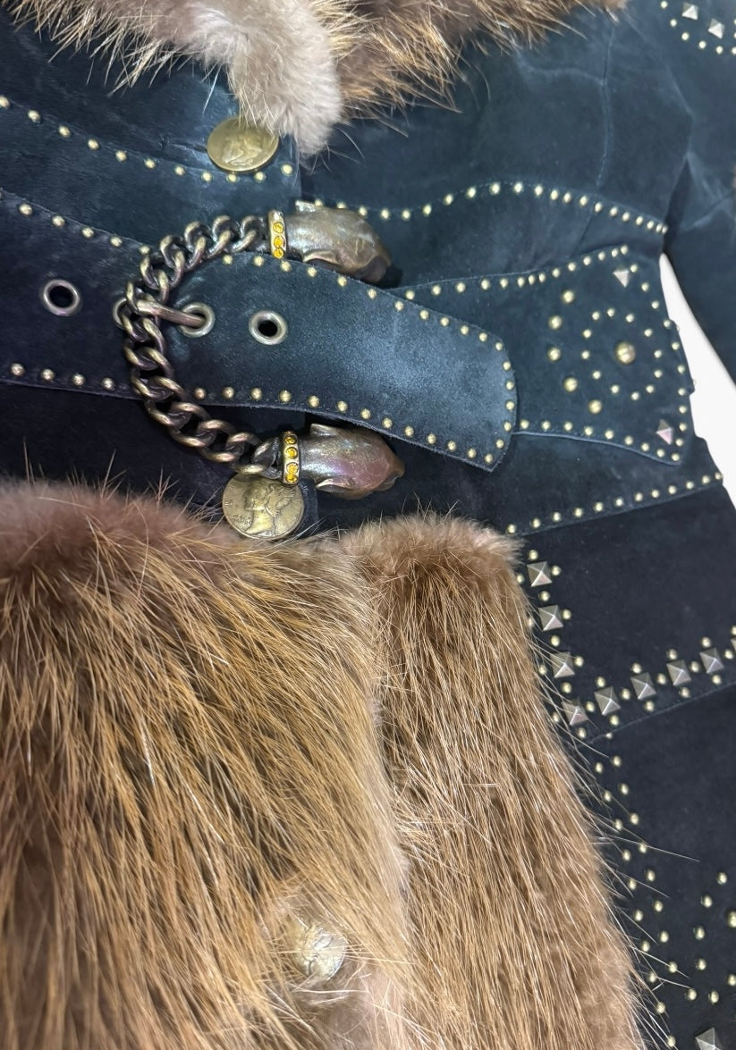 Fur & Genuine Suede Studded Belted Jacket