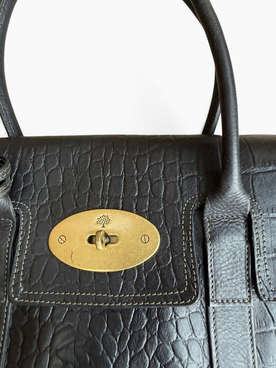 Mulberry Bayswater Black Croc-Embossed Leather Handbag