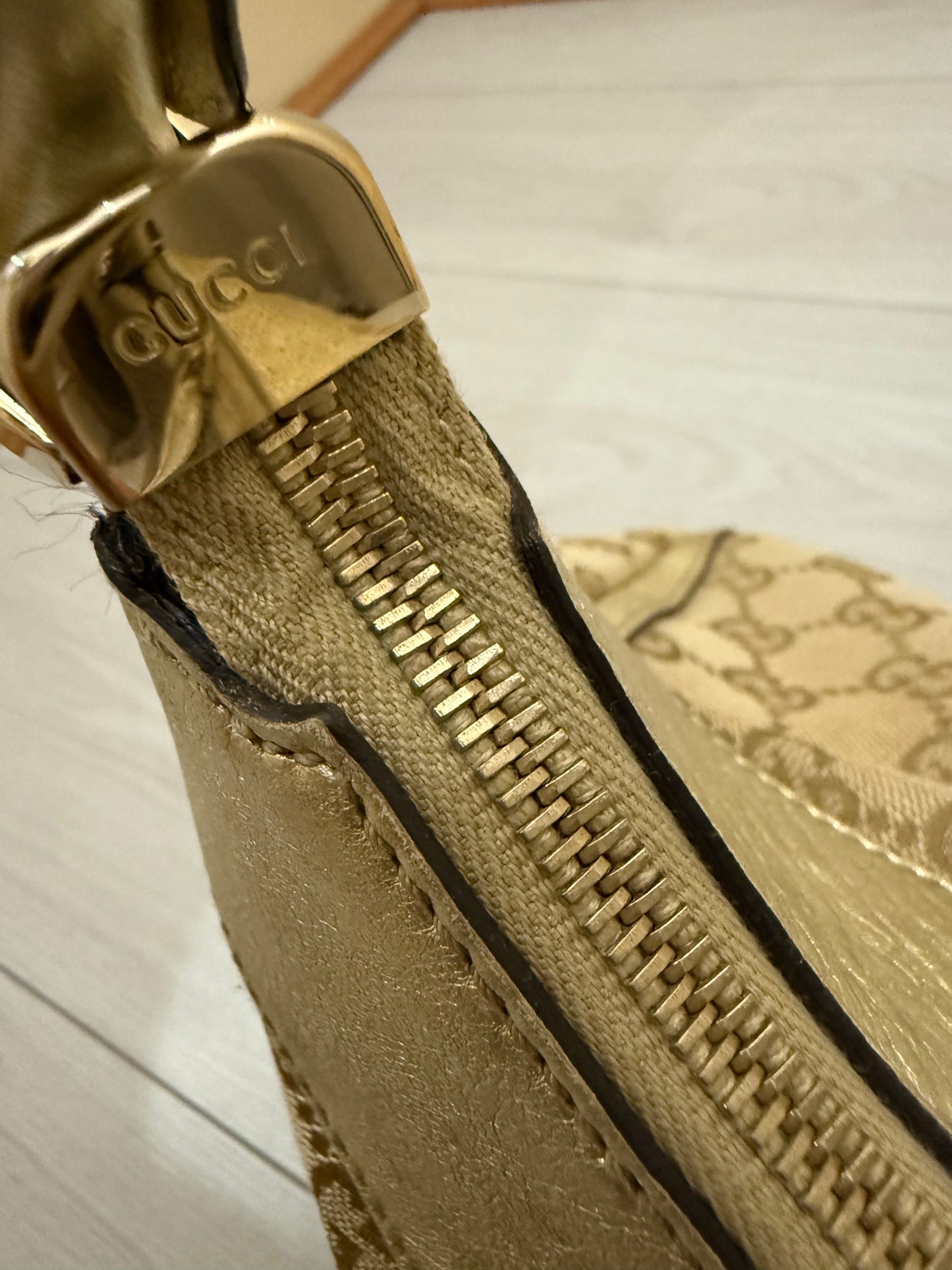 Gucci Abbey Gold Leather & Monogram Canvas Shoulder Bag