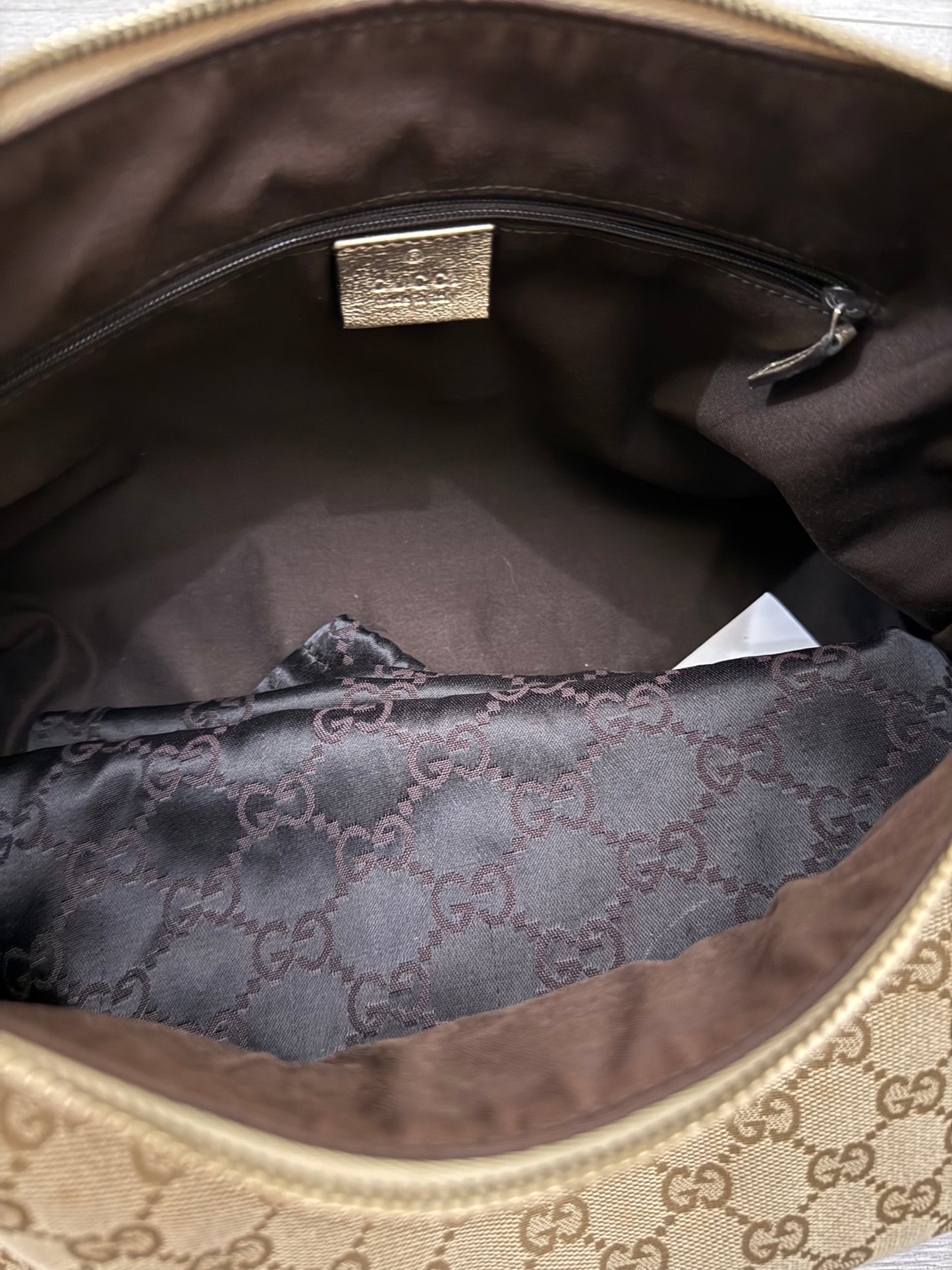 Gucci Abbey Gold Leather & Monogram Canvas Shoulder Bag