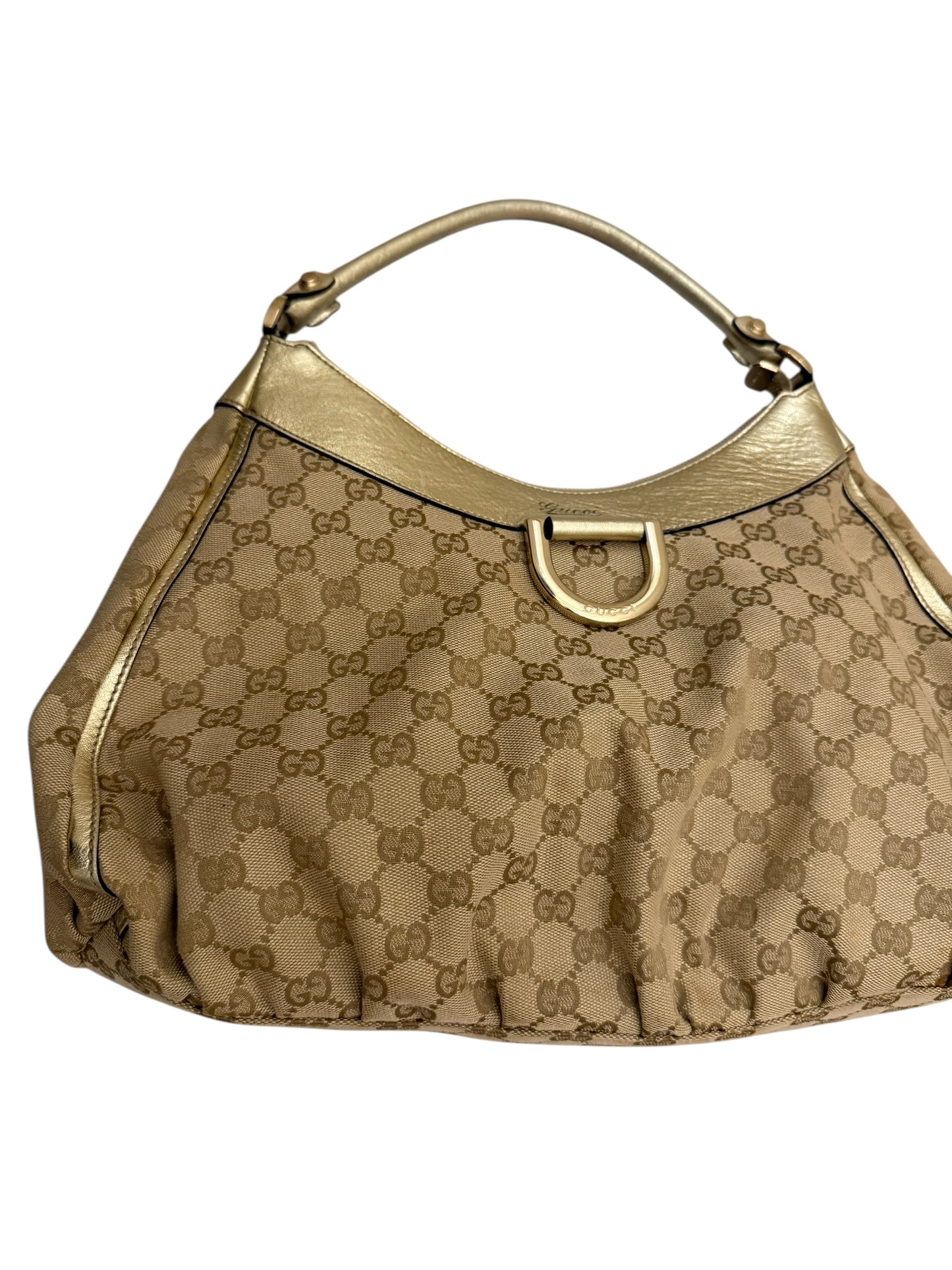 Gucci Abbey Gold Leather & Monogram Canvas Shoulder Bag