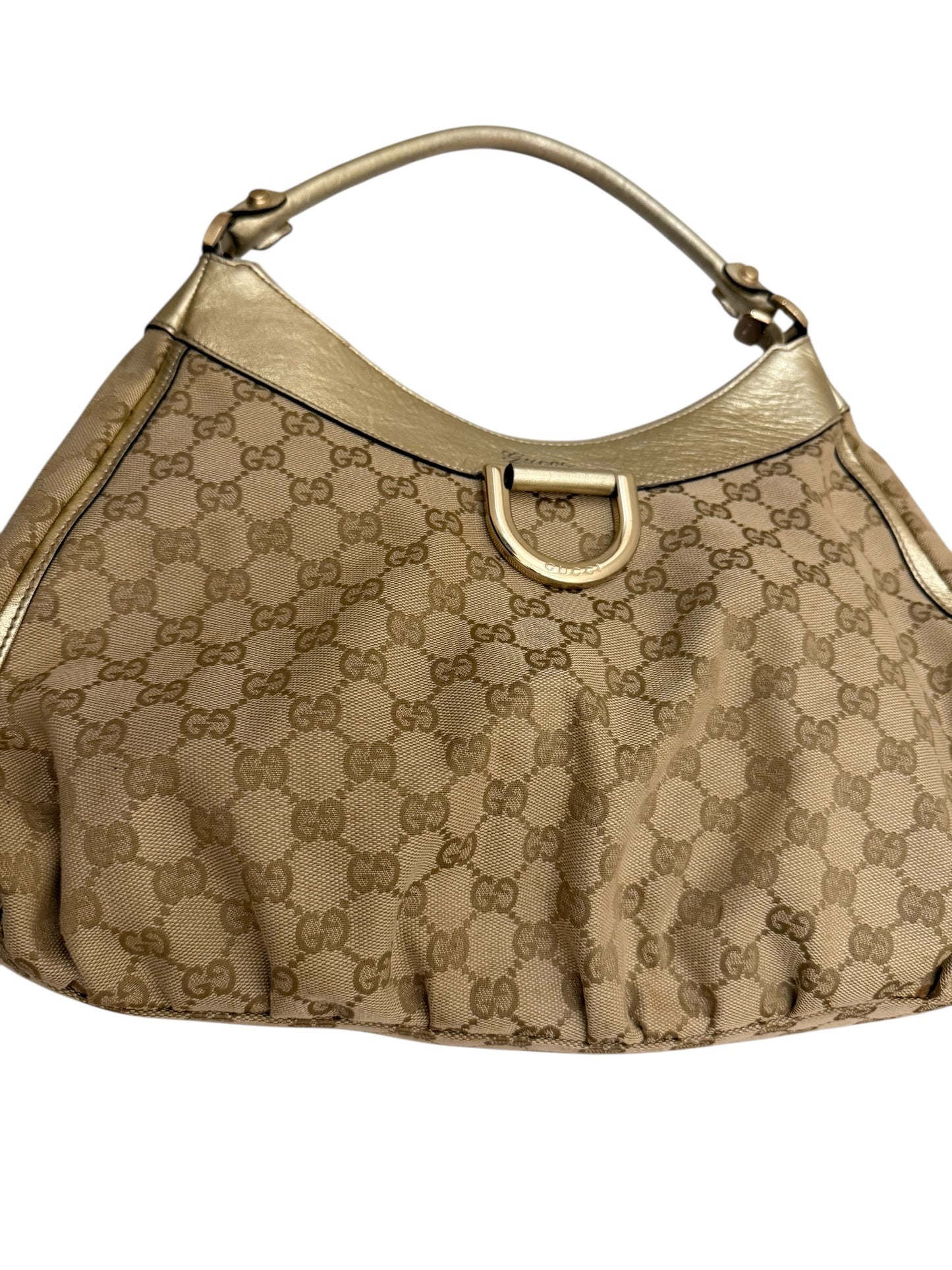 Gucci Abbey Gold Leather & Monogram Canvas Shoulder Bag