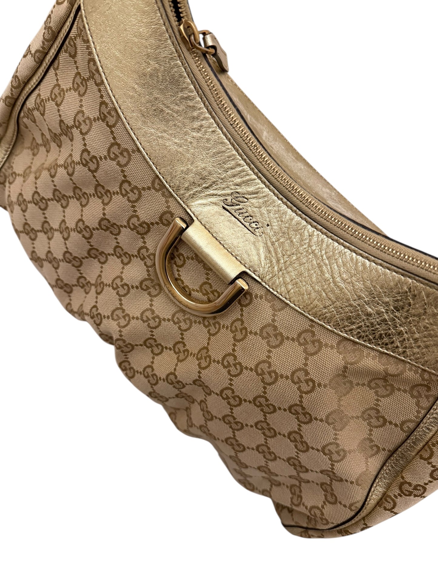 Gucci Abbey Gold Leather & Monogram Canvas Shoulder Bag