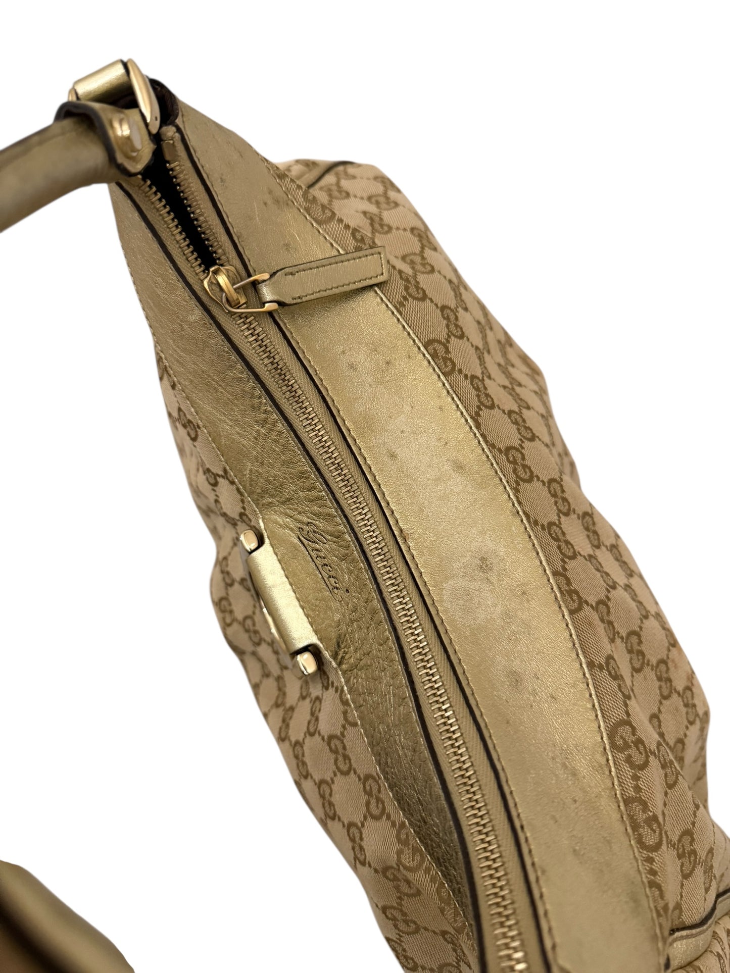 Gucci Abbey Gold Leather & Monogram Canvas Shoulder Bag